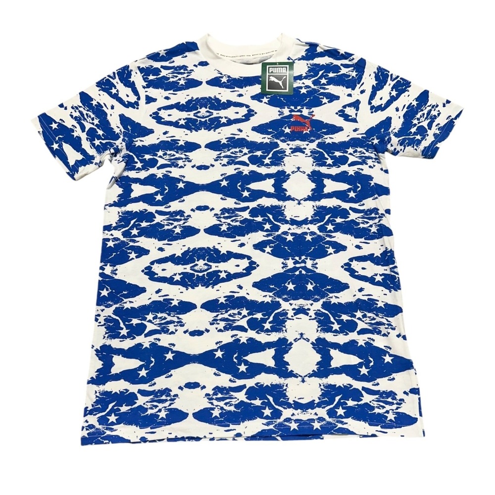 PUMA Mens Parade All Over Print Star T-Shirt Blue White Red Logo 538386 04 Small